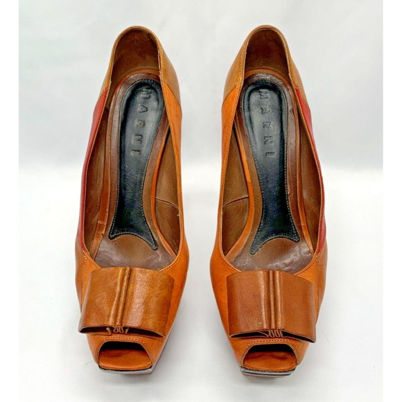 Marni Colorblock Platform Bow Heel Sz 7 - Multicolor Peep Toe Chunky Blo… - Picture 4 of 11